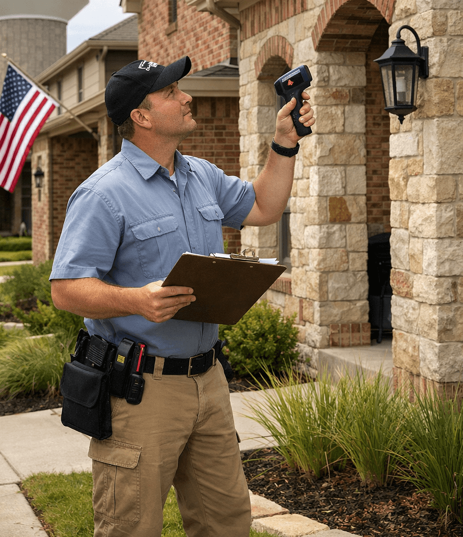 Licensed inspector reviewing electrical panel and HVAC system during a new construction walkthrough in Celina, TX