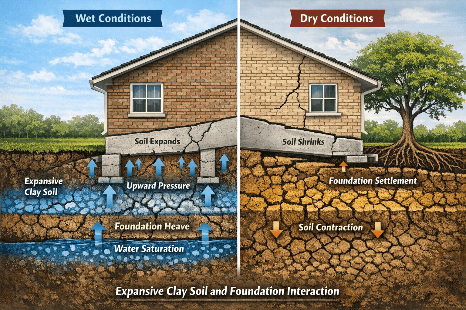 Cross-section diagram showing expansive clay soil behavior and foundation interaction under wet and dry conditions
