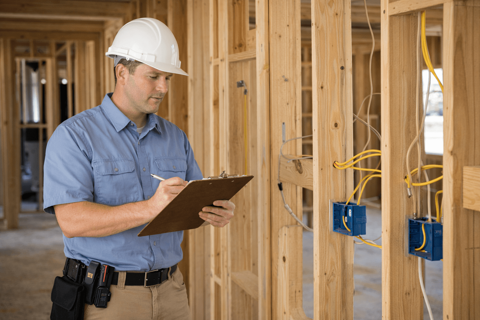 Licensed home inspector examining the roof and exterior of a newly built home in a Celina, Texas subdivision