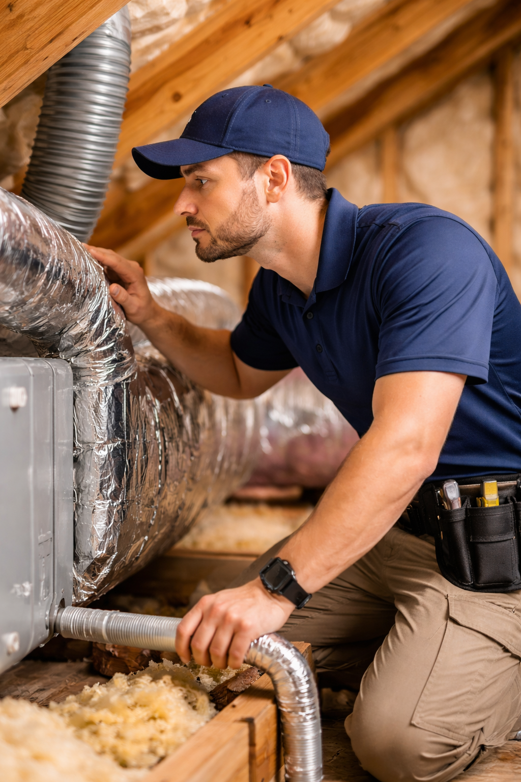 Home inspector examining attic ventilation and roof components during an 11-month builder warranty inspection in a Celina, TX home