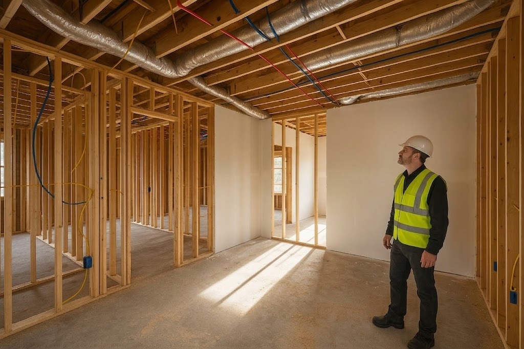 Interior of a Celina, TX home under construction at the pre-drywall stage with exposed wooden framing studs, electrical wiring, PEX plumbing lines, and HVAC ductwork visible before drywall installation